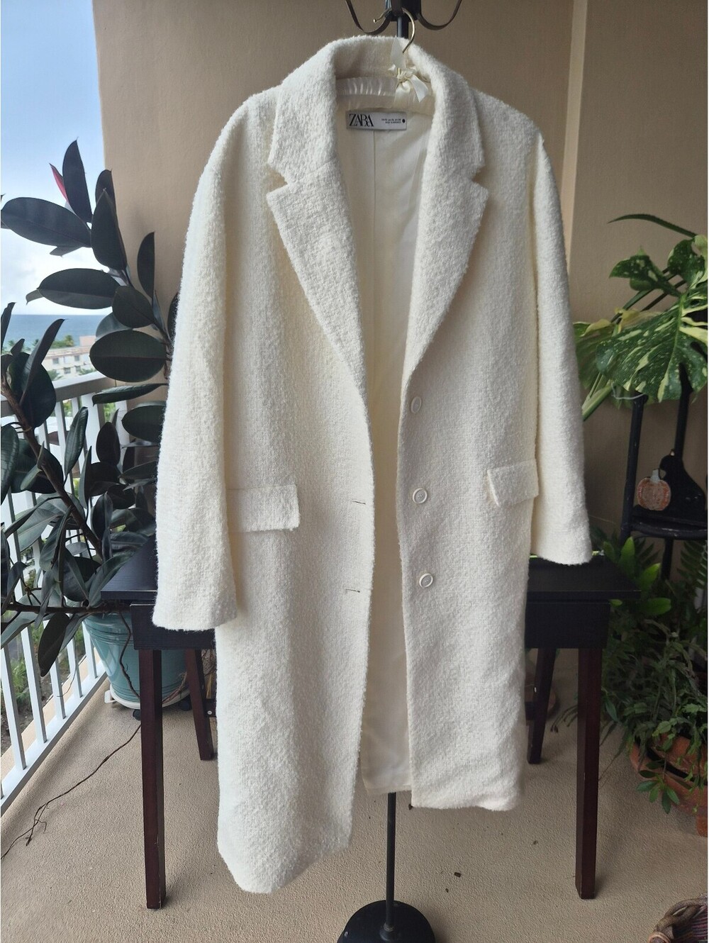 Zara Straight-Cut Wool Blend Coat Ecru Textured Size XL 8471/449/712